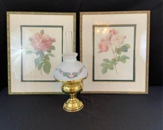 Pink Rose Prints and Hurricane Lamp