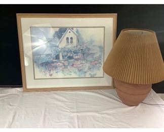 Village Watercolor and Terra Cotta Lamp