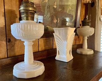 Aladdin "Lincoln Drape" milk glass oil lamps, and McCoy deco vase