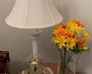 Side Table, Clock, Table Lamp