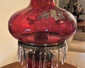 Beautiful red antique lamp with lusters