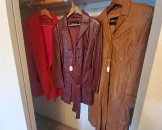 2 beautiful leather coats and one red wool coat.  Sizes 10 to 12.