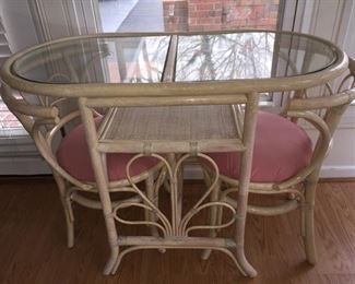Wicker Table with Glass Inserts and Two Chairs