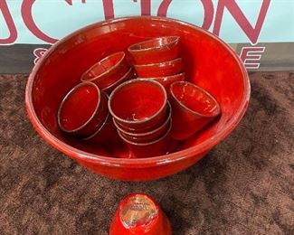Owens Pottery Red Glaze Punch Bowl Set