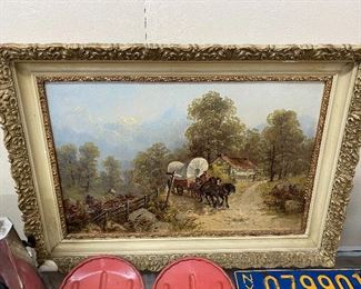 Oil on Board Covered Wagon Painting
