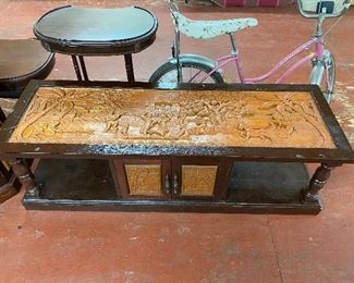 Mid-century Carved Thai/Vietnamese Scene Coffee and End Table