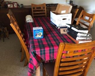 Wooden dining table 6 ladder back chairs, decoys