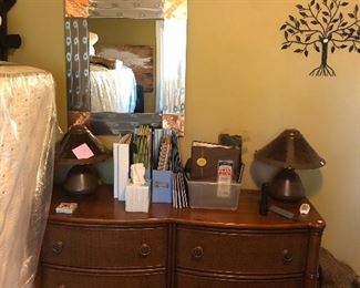 Tommy Bahama style Dresser and 2 bedside table dressers, Mica Lamps - loads of office supplies