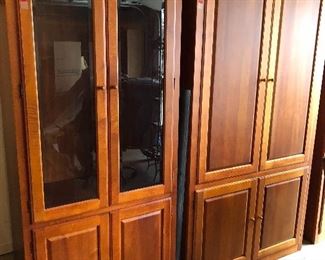 available for presale - cherry wall entertainment 3 pcs sold together or separately - center media armoire, side glass front (could be used as a china cabinet) and other side is a matching bookshelf/display cabinet
