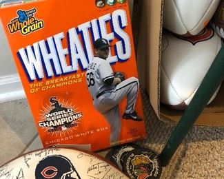 1987 Bears signed football, Mark Buehrle Sox Wheaties box