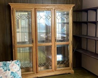 Large Curio Cabinet w/ Beveled Glass Doors Brass Diamond Shape Accents, Lights