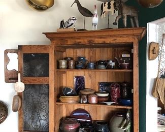 Loads of copper pots, local artist pottery, studio pottery - artists include Schacter, Judy Gregg, JD Cruz, Robert Maxwell and many undecipherable.  Loads of primitive and rustic housewares scoops and pots.