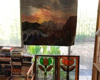 Woven Tapestry, stained glass windows, books 