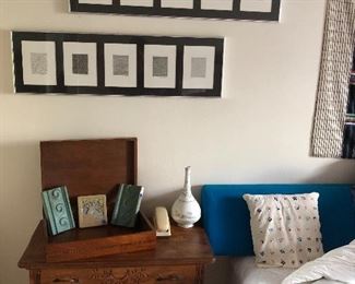 Art Of Russel Forester - grids, Tiles, beautiful wooden boxes charming antique side table