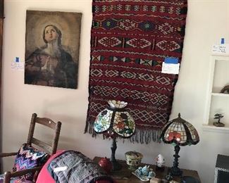 Afghan Wall hanging, Tiffany Style Lamps from, Old Master painting of Mary Magdalene, Mexican Colonial Cabinet, Big velvet red chair, Primitive Rocker - pillows are sold