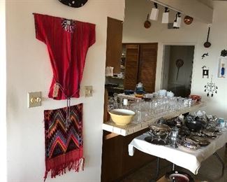 African mask - Guatamalan Textiles, Silver plate, Rustic Pine table, crystal, silver plate, Sterling silver,