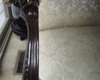 CARVED ARM AND DETAIL OF FABRIC OF BAKER CHAIR