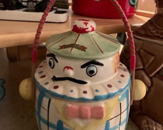 $38~ VINTAGE CERAMIC CLOWN MOTIF BISCUIT / COOKIE JAR WITH RATTAN HANDLE  BY SONSCO JAPAN 