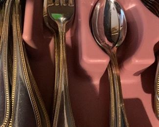 225- WOW! GORGEOUS TOWLE TUSCAN STAINLESS WITH GOLD BEADED ACCENT  FLATEWARE SET 