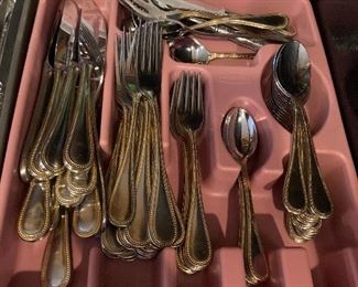 $225-  WOW! 82 PEICES OF GORGEOUS TOWLE TUSCAN STAINLESS WITH GOLD BEADED ACCENT  FLATEWARE SET 