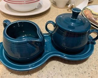 $20~ ( TWO AVAILABLE) TEAL FIESTA CREAM AND SUGAR 