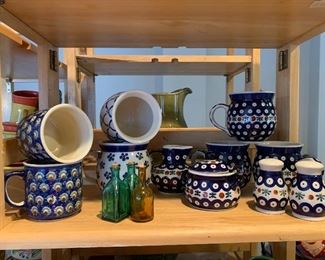 GORGEOUS POLISH POTTERY ~sold  CREAM AND SUGAR $19~ SALT AND PEPPER ~ $sold- SET OF THREE MUGS ~ $8~ EACH ~ INDIVIDUAL MUGS 