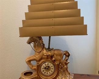 $190~ WOW!!!! LOVE THIS ! VINTAGE HORSE LAMP WITH OPERABLE CLOCK AND METAL SHADE ~ A RARE FIND !!!