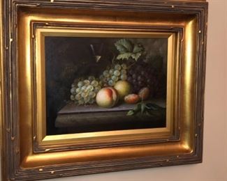 Beautifully framed oil painting of fruit in a gold leaf wood frame, signed Palmer. 