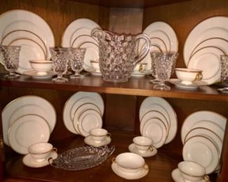12-5 pc. Place setting of Oxford China by T. Haviland china company.  Fostoria American pitcher and eight glasses, two boat relish dishes. 