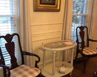 Mahogany captain chairs, painted rolling beverage/dessert or tea cart