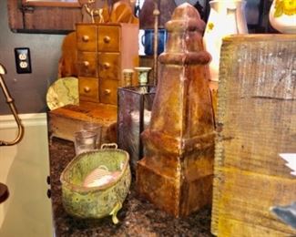 WOODEN BOXES, POTTERY AND DECOR