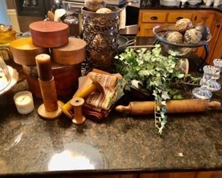 RUSTIC DECOR, WOODEN BENT BOXES, ROLLING PIN, POTS AND PANS