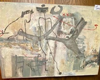 Lot 5004  $2,100.00  Zhou Brothers Abstract Original Art. 1990 Mixed media on canvas, measures 50" H x 72" W.  Signed by both Brothers. This piece is classic Zhou Brothers style. Check out information at https://www.zhoubrothers.com/.  The Zhou Brothers are Chinese contemporary artists ShanZuo and DaHuang Zhou. ShanZuo was born in Nanning, Guangxi Province, China in 1952 and DaHuang was born in Wuming, Guangxi Province, China in 1957. They were both educated and trained in China and together they started their art career in 1973 and have been working collaboratively since. The Zhou Brothers moved to the United States in 1986 after having been at the cutting edge of the contemporary art movement in China in the 70’s and 80’s. The internationally acclaimed Zhou B Art Center is located in Chicago's Bridgeport Neighborhood. Check out info at https://www.zhoubartcenter.com/zhou-b-art-center.html