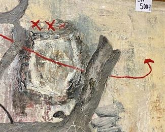 Lot 5004 $2,100.00  Zhou Brothers Abstract Original Art. 1990 Mixed media on canvas, measures 50" H x 72" W.  Signed by both Brothers. This piece is classic Zhou Brothers style. Check out information at https://www.zhoubrothers.com/.  The Zhou Brothers are Chinese contemporary artists ShanZuo and DaHuang Zhou. ShanZuo was born in Nanning, Guangxi Province, China in 1952 and DaHuang was born in Wuming, Guangxi Province, China in 1957. They were both educated and trained in China and together they started their art career in 1973 and have been working collaboratively since. The Zhou Brothers moved to the United States in 1986 after having been at the cutting edge of the contemporary art movement in China in the 70’s and 80’s. The internationally acclaimed Zhou B Art Center is located in Chicago's Bridgeport Neighborhood. Check out info at https://www.zhoubartcenter.com/zhou-b-art-center.html