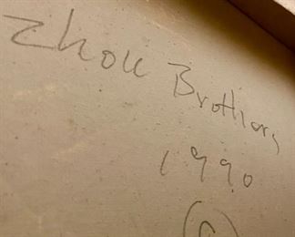 Lot 5004 $2,100.00  Zhou Brothers Abstract Original Art. 1990 Mixed media on canvas, measures 50" H x 72" W.  Signed by both Brothers. This piece is classic Zhou Brothers style. Check out information at https://www.zhoubrothers.com/.  The Zhou Brothers are Chinese contemporary artists ShanZuo and DaHuang Zhou. ShanZuo was born in Nanning, Guangxi Province, China in 1952 and DaHuang was born in Wuming, Guangxi Province, China in 1957. They were both educated and trained in China and together they started their art career in 1973 and have been working collaboratively since. The Zhou Brothers moved to the United States in 1986 after having been at the cutting edge of the contemporary art movement in China in the 70’s and 80’s. The internationally acclaimed Zhou B Art Center is located in Chicago's Bridgeport Neighborhood. Check out info at https://www.zhoubartcenter.com/zhou-b-art-center.html