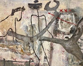 Lot 5004 $2,100.00  Zhou Brothers Abstract Original Art. 1990 Mixed media on canvas, measures 50" H x 72" W.  Signed by both Brothers. This piece is classic Zhou Brothers style. Check out information at https://www.zhoubrothers.com/.  The Zhou Brothers are Chinese contemporary artists ShanZuo and DaHuang Zhou. ShanZuo was born in Nanning, Guangxi Province, China in 1952 and DaHuang was born in Wuming, Guangxi Province, China in 1957. They were both educated and trained in China and together they started their art career in 1973 and have been working collaboratively since. The Zhou Brothers moved to the United States in 1986 after having been at the cutting edge of the contemporary art movement in China in the 70’s and 80’s. The internationally acclaimed Zhou B Art Center is located in Chicago's Bridgeport Neighborhood. Check out info at https://www.zhoubartcenter.com/zhou-b-art-center.html