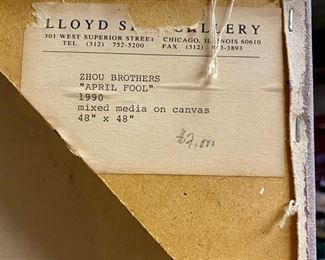 Lot 5005. $1,500.00 (Original Price $7,000.00) Zhou Brothers Abstract Original Art. Titled "April Fools" 1990 Mixed media, measures 48" x 48" Signed by both Zhou Brothers. This piece is also a classic Zhou Brothers style.  Check out information at https://www.zhoubrothers.com/.  The Zhou Brothers are Chinese contemporary artists ShanZuo and DaHuang Zhou. ShanZuo was born in Nanning, Guangxi Province, China in 1952 and DaHuang was born in Wuming, Guangxi Province, China in 1957. They were both educated and trained in China and together they started their art career in 1973 and have been working collaboratively since. The Zhou Brothers moved to the United States in 1986 after having been at the cutting edge of the contemporary art movement in China in the 70’s and 80’s. The internationally acclaimed Zhou B Art Center is located in Chicago's Bridgeport Neighborhood. Check out info at https://www.zhoubartcenter.com/zhou-b-art-center.html