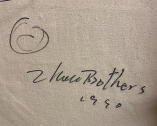 Lot 5005. $1,500.00 (Original Price $7,000.00) Zhou Brothers Abstract Original Art. Titled "April Fools" 1990 Mixed media, measures 48" x 48" Signed by both Zhou Brothers. This piece is also a classic Zhou Brothers style.  Check out information at https://www.zhoubrothers.com/.  The Zhou Brothers are Chinese contemporary artists ShanZuo and DaHuang Zhou. ShanZuo was born in Nanning, Guangxi Province, China in 1952 and DaHuang was born in Wuming, Guangxi Province, China in 1957. They were both educated and trained in China and together they started their art career in 1973 and have been working collaboratively since. The Zhou Brothers moved to the United States in 1986 after having been at the cutting edge of the contemporary art movement in China in the 70’s and 80’s. The internationally acclaimed Zhou B Art Center is located in Chicago's Bridgeport Neighborhood. Check out info at https://www.zhoubartcenter.com/zhou-b-art-center.html