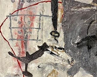 Lot 5005. $1,500.00 (Original Price $7,000.00) Zhou Brothers Abstract Original Art. Titled "April Fools" 1990 Mixed media, measures 48" x 48" Signed by both Zhou Brothers. This piece is also a classic Zhou Brothers style.  Check out information at https://www.zhoubrothers.com/.  The Zhou Brothers are Chinese contemporary artists ShanZuo and DaHuang Zhou. ShanZuo was born in Nanning, Guangxi Province, China in 1952 and DaHuang was born in Wuming, Guangxi Province, China in 1957. They were both educated and trained in China and together they started their art career in 1973 and have been working collaboratively since. The Zhou Brothers moved to the United States in 1986 after having been at the cutting edge of the contemporary art movement in China in the 70’s and 80’s. The internationally acclaimed Zhou B Art Center is located in Chicago's Bridgeport Neighborhood. Check out info at https://www.zhoubartcenter.com/zhou-b-art-center.html