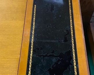 Lot 5010   $275.00  Vintage Desk, Chess and Backgammon Game table. The reversible desk and chess board top slides in and out for neat storage.  Also has two drawers 36" W x 22" D  x 29.5" H.  Great vintage game table. Needs some TLC but very good condition overall.  Leather was dry so we used Lexol leather cleaner to bring it back.