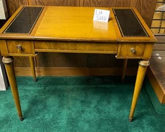 Lot 5010   $275.00  Vintage Desk, Chess and Backgammon Game table. The reversible desk and chess board top slides in and out for neat storage.  Also has two drawers 36" W x 22" D  x 29.5" H.  Great vintage game table. Needs some TLC but very good condition overall.  View of Desk Top and Leather Inserts .