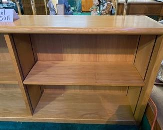 Lot 5011  $235.00  Mid-Century Oak Bookshelf/Credenza. Finished on both sides. Really solid, well made.  HEAVY. Light/Medium stain, honey oak.  Perfect for an office, Den or as a room divider. 	66"W x 13"D x 29"H