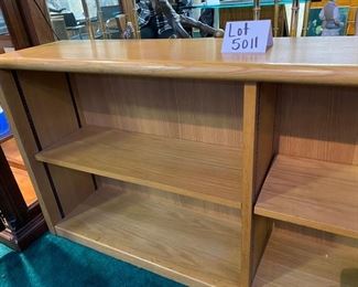 Lot 5011   $235.00  Mid-Century Oak Bookshelf/Credenza. Finished on both sides. Really solid, well made.  HEAVY. Light/Medium stain, honey oak.  Perfect for an office, Den or as a room divider. 	66"W x 13"D x 29"H