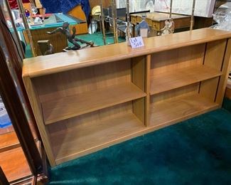 Lot 5011   $235.00  Mid-Century Oak Bookshelf/Credenza. Finished on both sides. Really solid, well made.  HEAVY. Light/Medium stain, honey oak.  Perfect for an office, Den or as a room divider. 	66"W x 13"D x 29"H