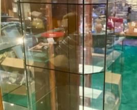 Lot 5012. $450.00   Very Cool Contemporary Lighted  Glass Display Case w/ 4 shelves and Lower Level Storage. Branded Swarovski "Crystal Zoo".  Show off your Swarovski Collection or dazzle your customers with this complete Display case.19.5" W  x 19" D x 72" H