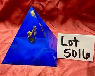 Lot 5016. $75.00. Acrylic Pyramid with Bronze Diver in Mid Dive. Really really cool! Please buy this before Ellie does! Very Striking Blue  6" Square  x 6" H.