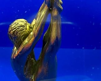 Lot 5016. $75.00. Acrylic Pyramid with Bronze Diver in Mid Dive. Really really cool! Very Striking Blue  6" Square  x 6" H.