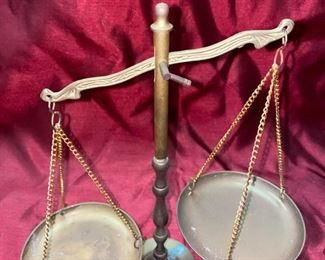 Lot 5019. $30.00  Brass Scale Reproduction, would be great on a shelf for display.  Sorry no weights included.  For Display.  10" H x 10" W x 4.5" D 
