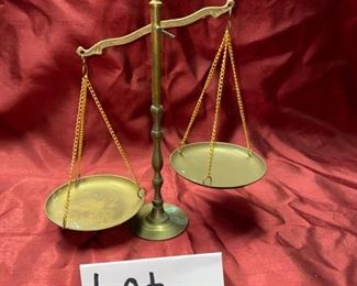 Lot 5019. $30.00  Brass Scale Reproduction, would be great on a shelf for display.  Sorry no weights included.  For Display.  10" H x 10" W x 4.5" D 