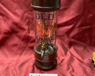 Lot 5025. $28.00  Vintage Retro Whiskey Glass Dispenser/Decanter "Old Whiskey" with Brass Tap. 5" Diameter  x 15" H. Great Bar Display piece.